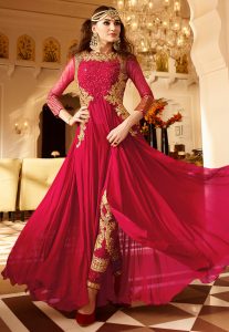Embroidered Georgette and Net Abaya Style Suit in Red