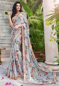 Printed Chiffon Satin Saree in Grey