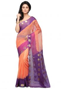 Woven Kota Doria Saree in Orange and Purple