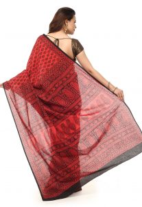 Block Printed Cotton Maheshwari Saree In Coral