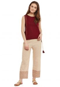 Block Printed Cotton Top With Pant in Maroon and Beige