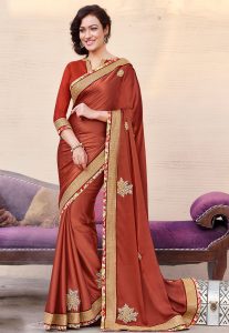 Embroidered Chiffon Saree in Light Rust