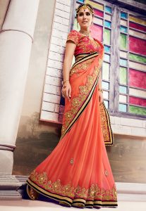 Embroidered Chiffon Saree in Pastel Orange