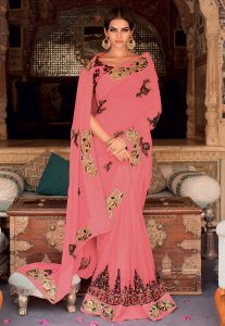 Embroidered Georgette Saree in Pink