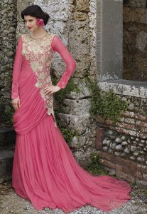 Embroidered Net Abaya Style Suit in Pink