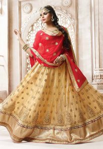 Embroidered Net Circular Lehenga in Beige