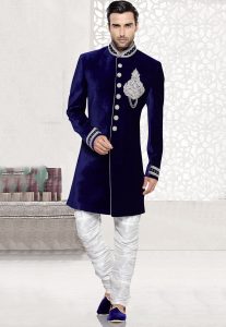 Embroidered Velvet Sherwani in Blue