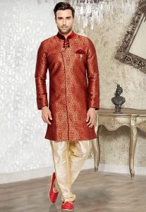 Jacquard Sherwani in Maroon and Golden