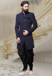 Plain Khadi Dhoti Sherwani in Navy Blue