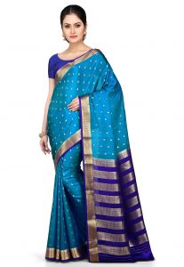 Woven Pure Mysore Silk Saree in Teal Blue