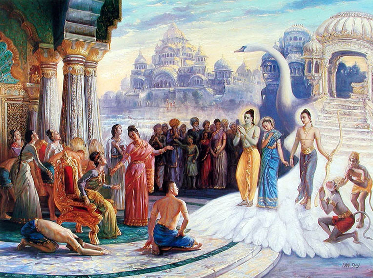 Homecoming of Rama, Lakshman and Sita. (Image: Krishnapath.org ) 