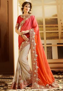 Half N Half Chiffon Saree in Orange and Beige