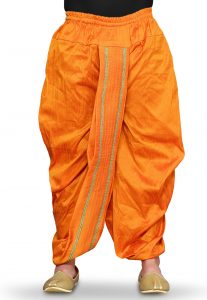 Contrasting Border Art Silk Dhoti in Orange