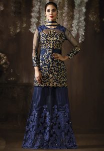 Embroidered Art Silk Lehenga in Navy Blue