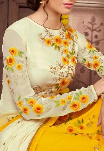 Embroidered Georgette Straight Cut Suit in Shaded Off White and Yellow