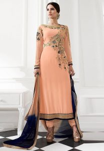 Embroidered Georgette Straight Cut Suit in Peach