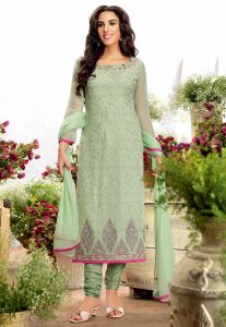 Embroidered Georgette Straight Suit in Pastel Green