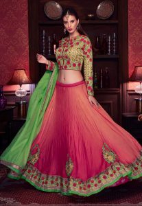 Embroidered Satin Georgette Crushed Circular Lehenga in Pink