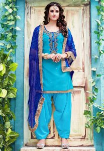 Gota Patti Embroidered Chanderi Silk Punjabi Suit in Sky Blue