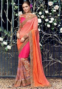 Half N Half Crushed Art Silk Saree in Orange and Fuchsia