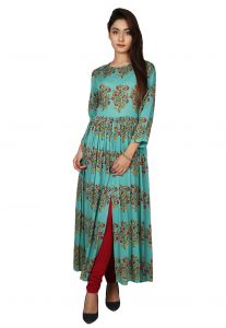 Printed Cotton Front Slit Kurta in Teal Blue