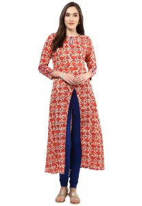 Printed Cotton Kurta in Beige and Red