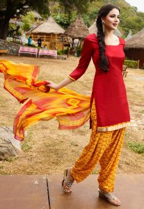 Printed Cotton Punjabi Suit in Red