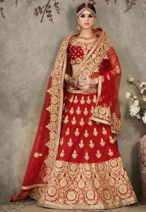 Embroidered Art Silk Lehenga in Beige