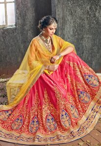 Peach Net Lehenga Choli with Dupatta