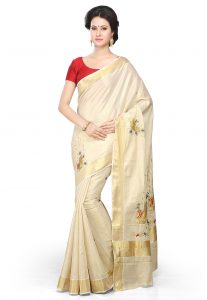 Pure Kerala Kasavu Cotton Saree in Off White