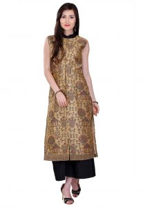 Block Printed Art Silk Long Kurta in Beige