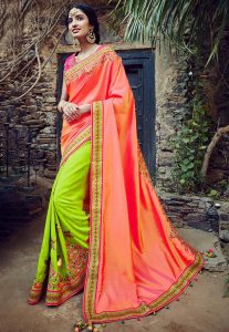 Embroidered Art Silk Saree in Peach and Neon Green
