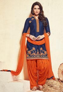 Embroidered Cotton Punjabi Suit in Navy Blue