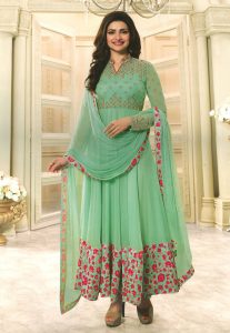 Embroidered Georgette Abaya Style Suit in Sea Green