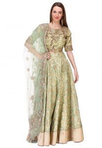 Pure Banarasi Silk Hand Embroidered Lehenga in Olive Green