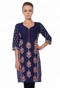 Block Printed Cotton Rayon Kurti in Blue