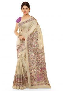 Printed Pashmina Silk Saree in Beige