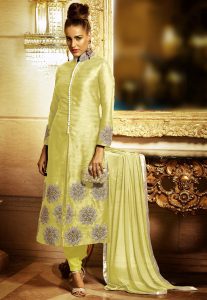 Embroidered Straight Cut Front Slit Art Silk Suit in Light Yellow