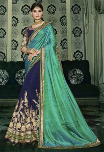 Half N Half Art Silk Saree in Teal Green and Navy Blue