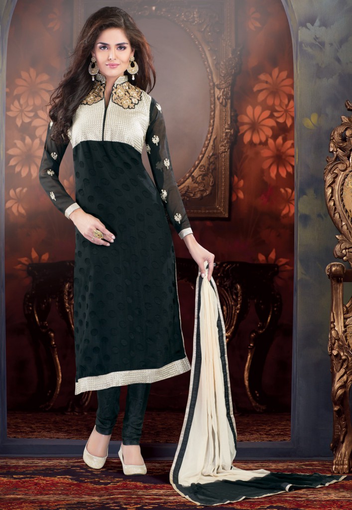 Black Faux Georgette Brasso Churidar Kameez