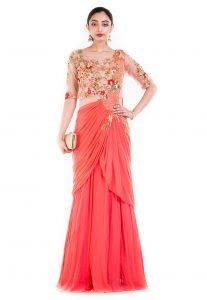 Hand Embroidered Georgette Layered Saree Gown in Coral Pink and Peach