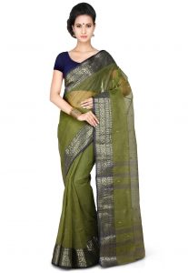 Handloom Tant Cotton Saree in Olive Green