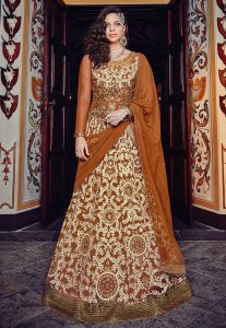 Embroidered Abaya Style Net Suit in Brown