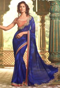 Embroidered Border Georgette Sari in Blue