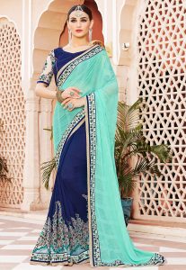 Half N Half Chiffon Saree in Turquoise and Navy Blue