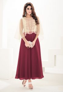 Embroidered Georgette Cape Style Long Dress in Beige and Maroon