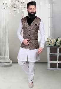 Brocade Nehru Jacket in Blue and Beige