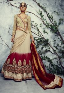 Embroidered Georgette Lehenga in Beige and Maroon