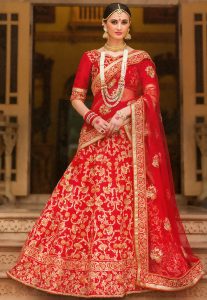 Embroidered Net Lehenga Style Saree in Red