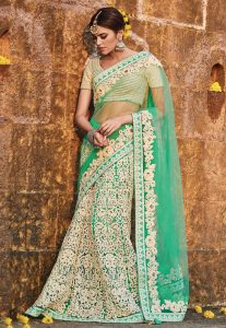 Lehenga Style Net Saree in Teal Green